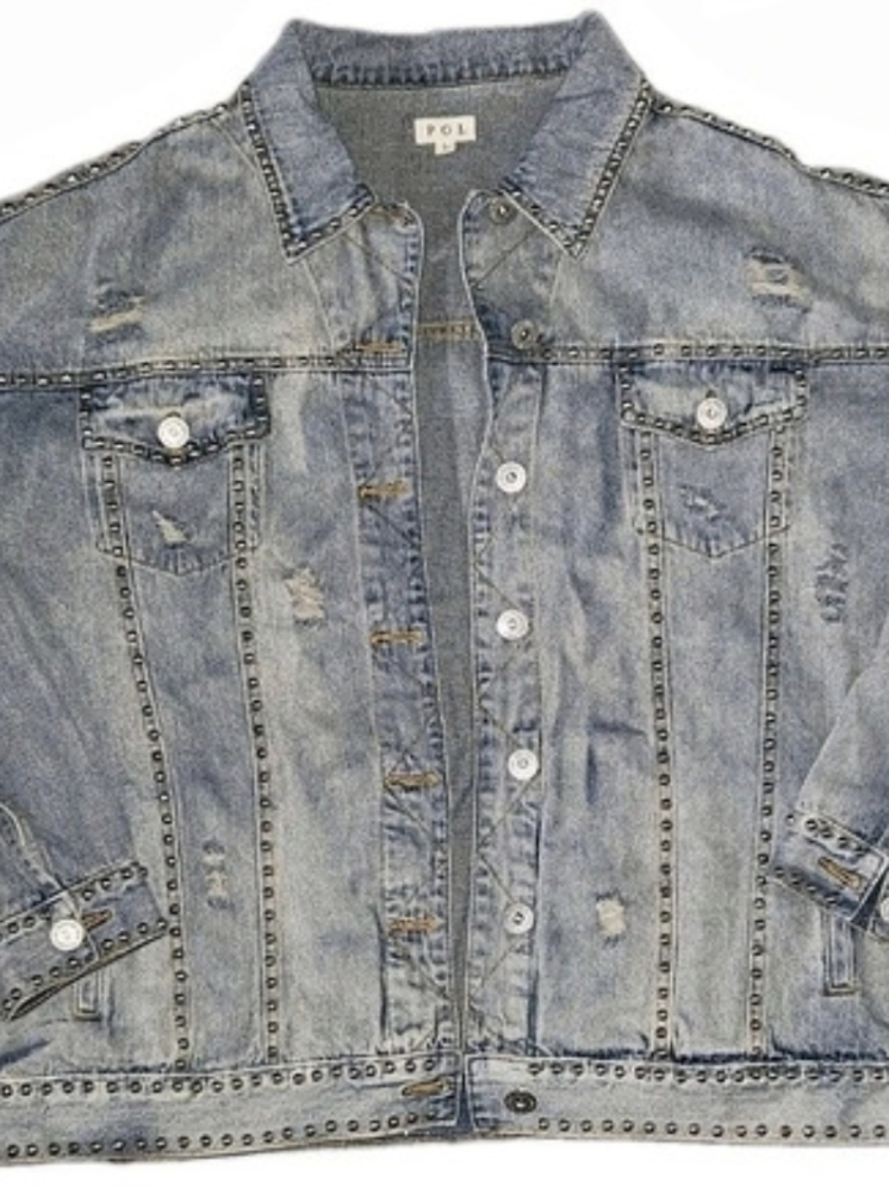 POL Studded Distressed Denim Jacket Blue Size Large